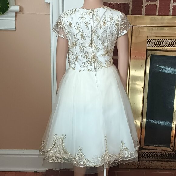 Rare Too Ivory Gold Beaded Dress 8 Formal Tulle with Cap Sleeves & Tan Sweater - Picture 7 of 12